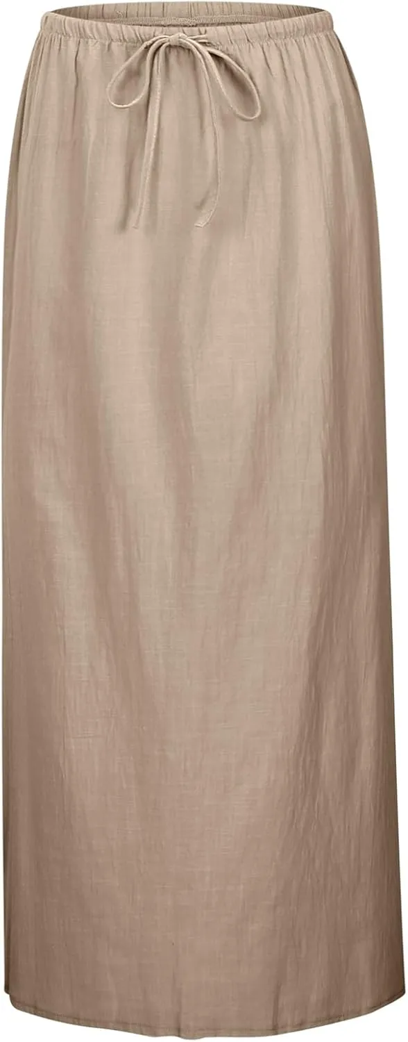 Linen Maxi Skirts For Women Trendy Summer Comfy Drawstring Waist A Line Dress Cute Vacation Boho Long Flowy Skirt