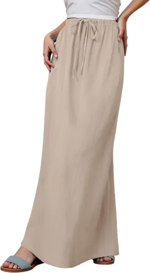 Linen Maxi Skirts For Women Trendy Summer Comfy Drawstring Waist A Line Dress Cute Vacation Boho Long Flowy Skirt