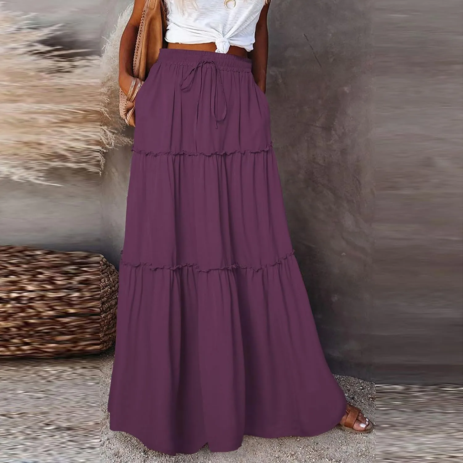 Long Skirts for Women 2025 Elastic Waist Solid Pleated Ruffle Boho Flowy A line Maxi Skirt, S-2XL