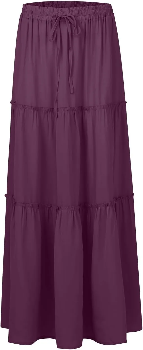 Long Skirts for Women 2025 Elastic Waist Solid Pleated Ruffle Boho Flowy A line Maxi Skirt, S-2XL