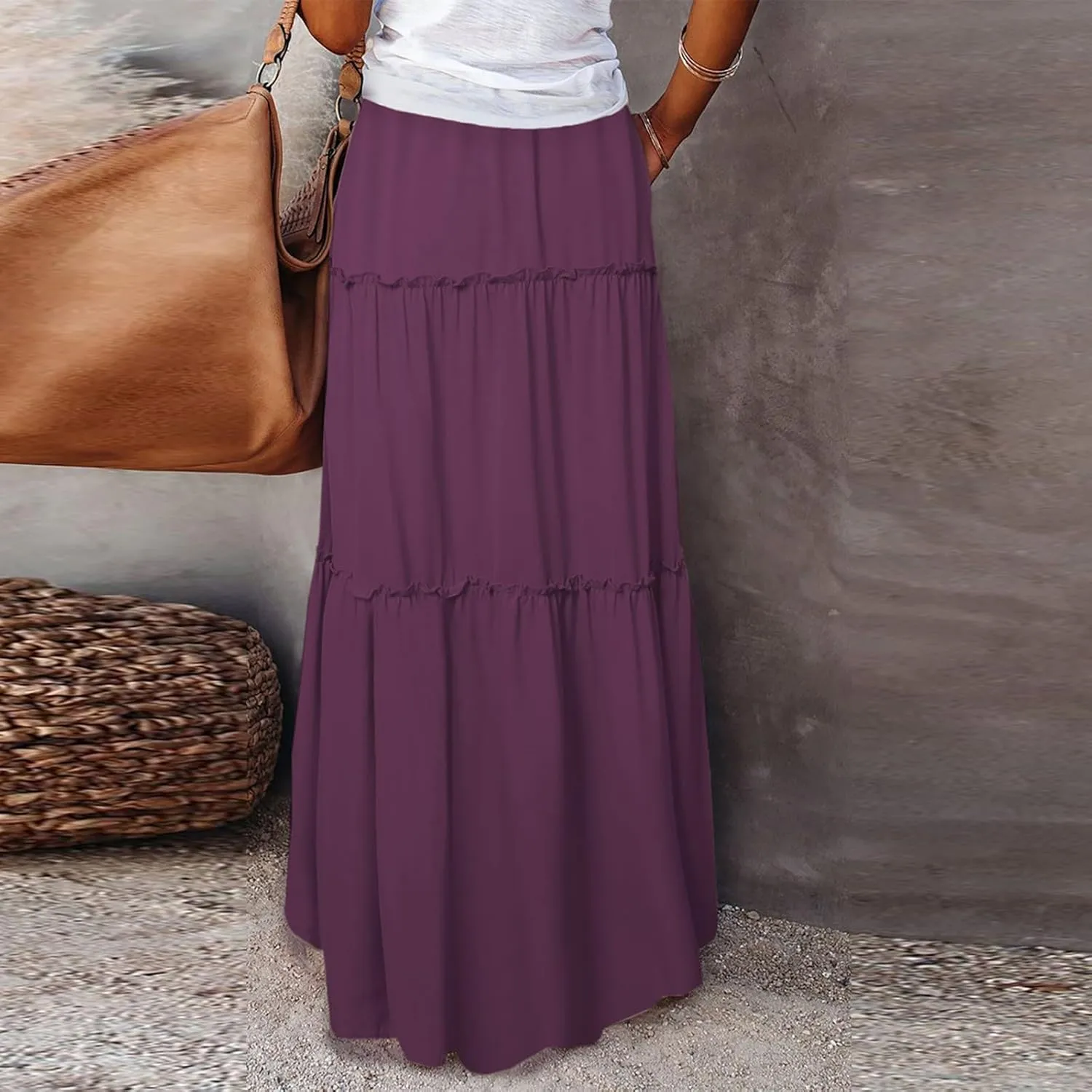 Long Skirts for Women 2025 Elastic Waist Solid Pleated Ruffle Boho Flowy A line Maxi Skirt, S-2XL
