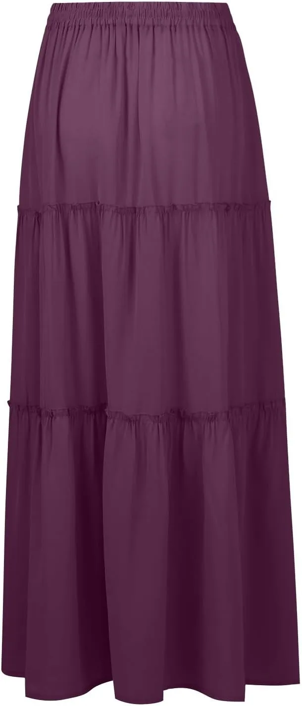 Long Skirts for Women 2025 Elastic Waist Solid Pleated Ruffle Boho Flowy A line Maxi Skirt, S-2XL