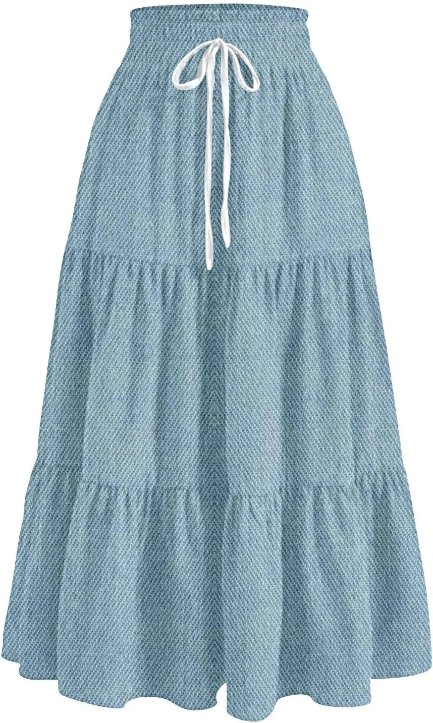 Long Skirts for Women Trendy Drawstring High Waisted Tiered Ruffle Midi Skirts Casual Summer Vacation Beach Skirt