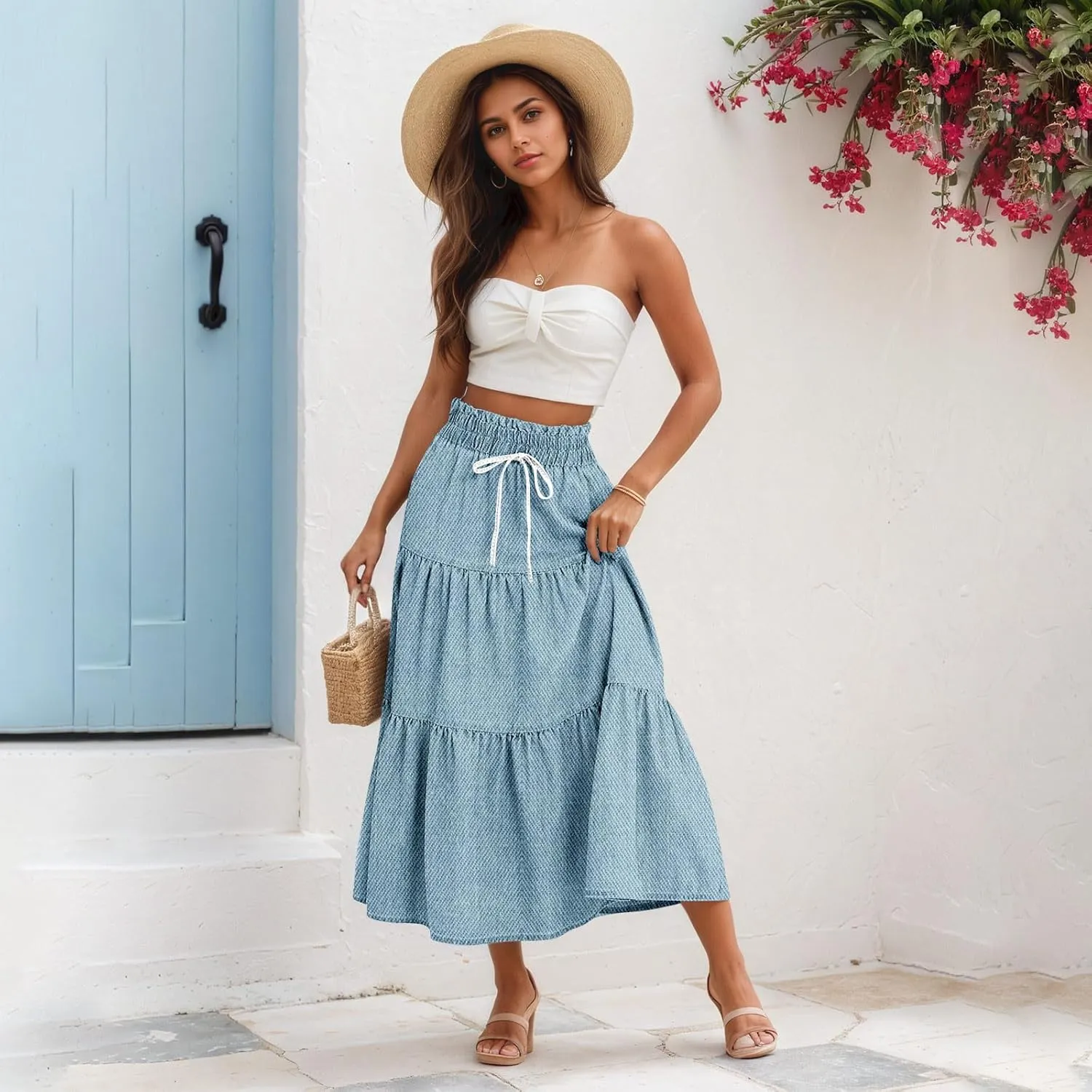 Long Skirts for Women Trendy Drawstring High Waisted Tiered Ruffle Midi Skirts Casual Summer Vacation Beach Skirt
