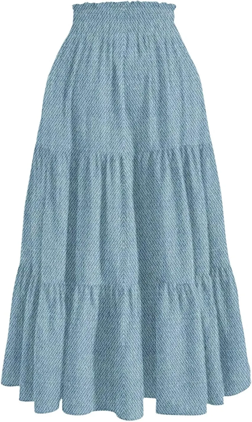 Long Skirts for Women Trendy Drawstring High Waisted Tiered Ruffle Midi Skirts Casual Summer Vacation Beach Skirt