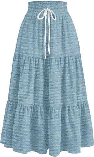 Long Skirts for Women Trendy Drawstring High Waisted Tiered Ruffle Midi Skirts Casual Summer Vacation Beach Skirt
