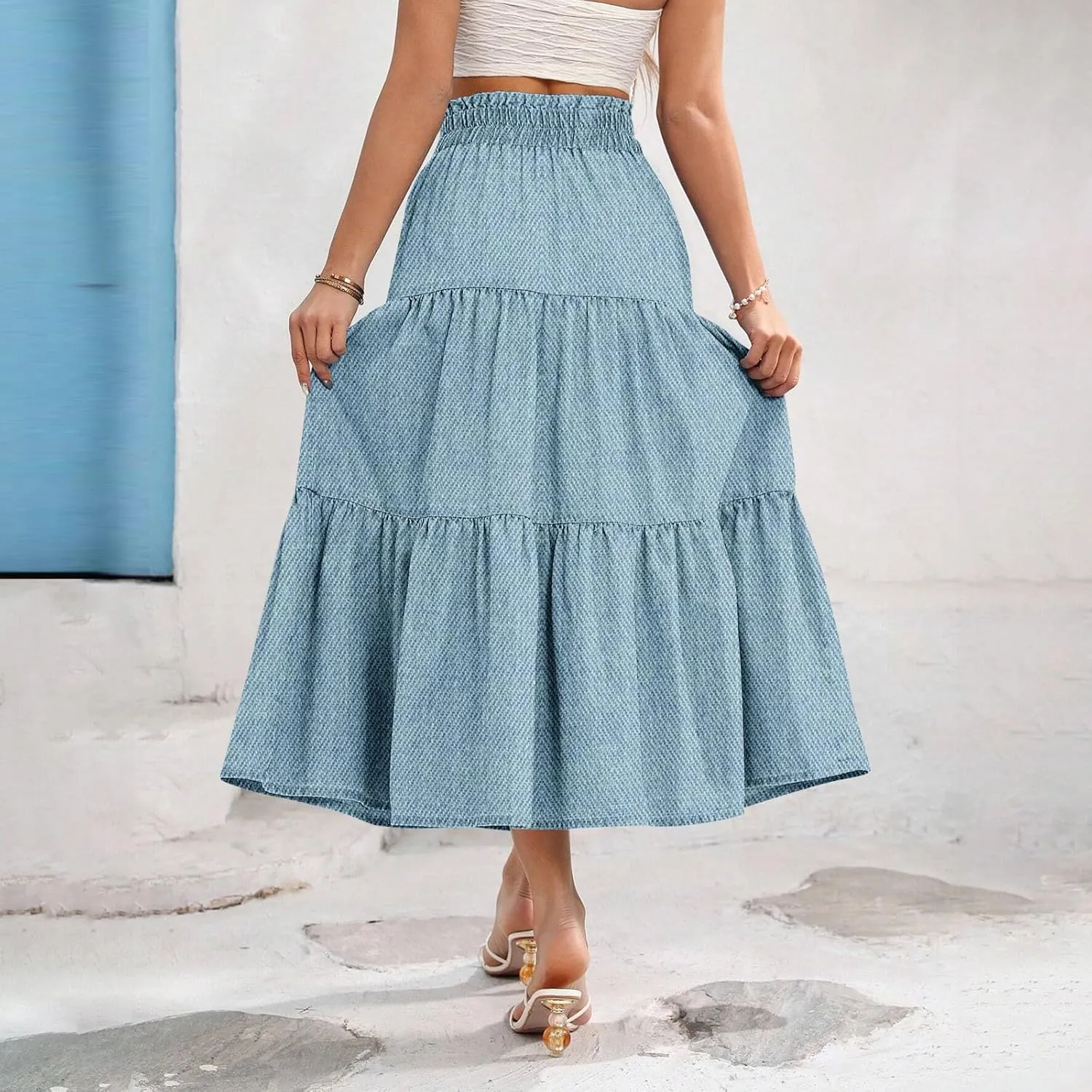 Long Skirts for Women Trendy Drawstring High Waisted Tiered Ruffle Midi Skirts Casual Summer Vacation Beach Skirt