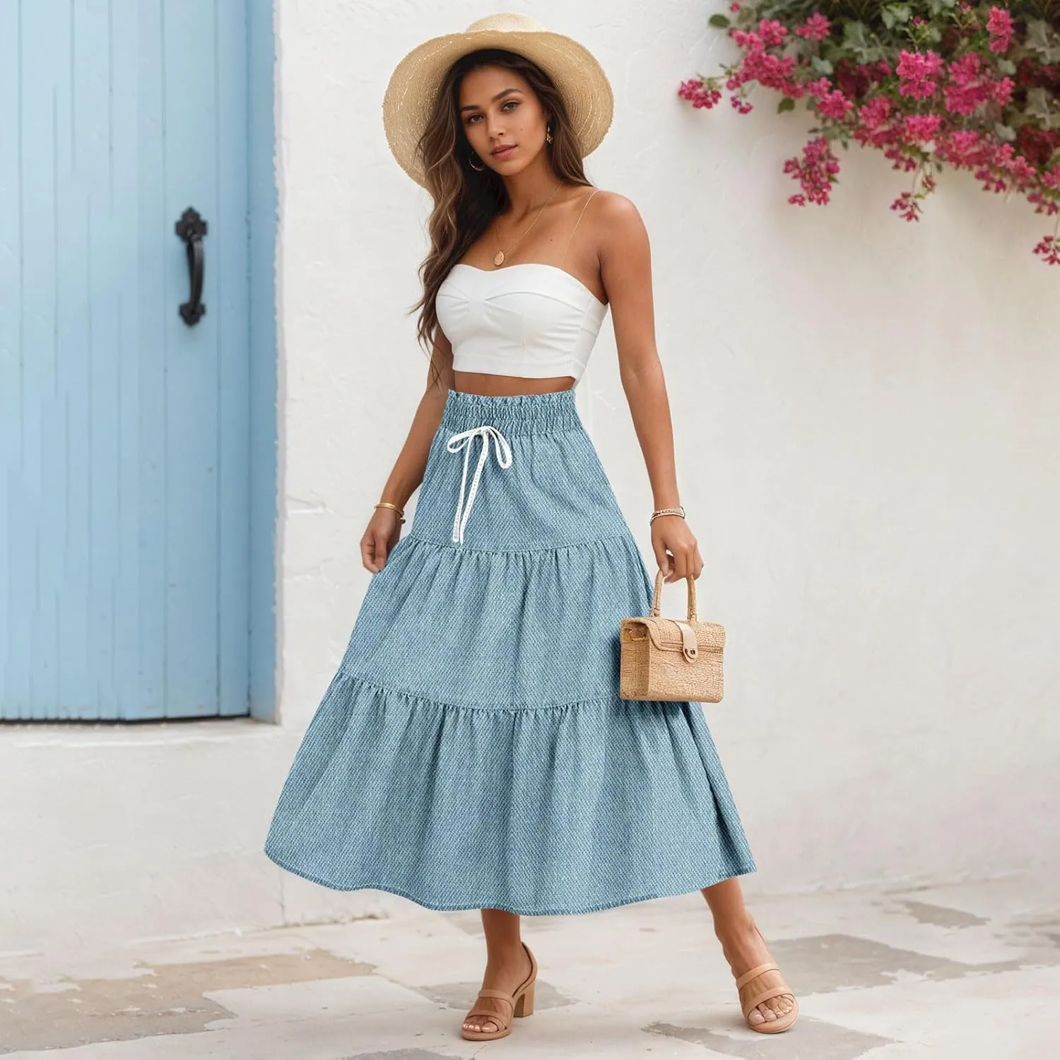 Long Skirts for Women Trendy Drawstring High Waisted Tiered Ruffle Midi Skirts Casual Summer Vacation Beach Skirt