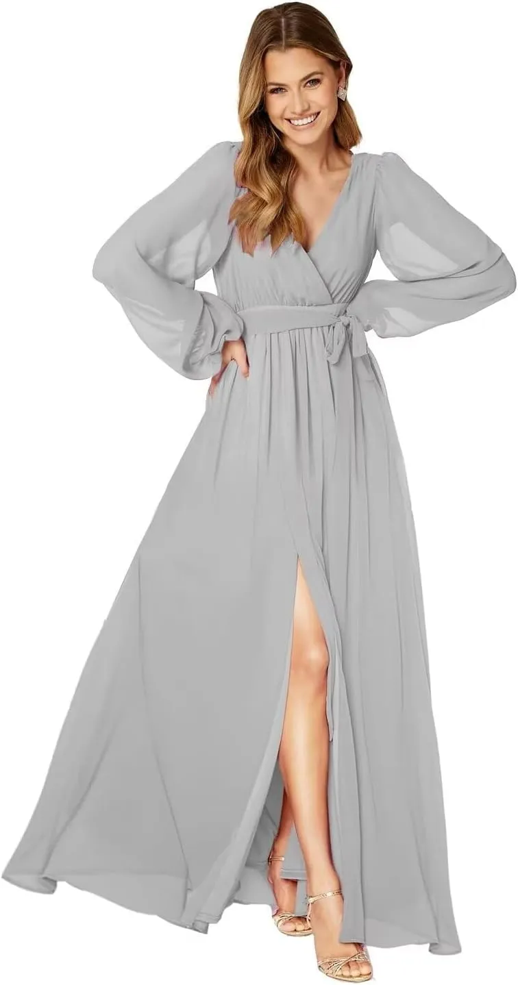 Long Sleeve Bridesmaid Dresses for Women Pleated Chiffon Slit Formal Evening Dresses with Pockets