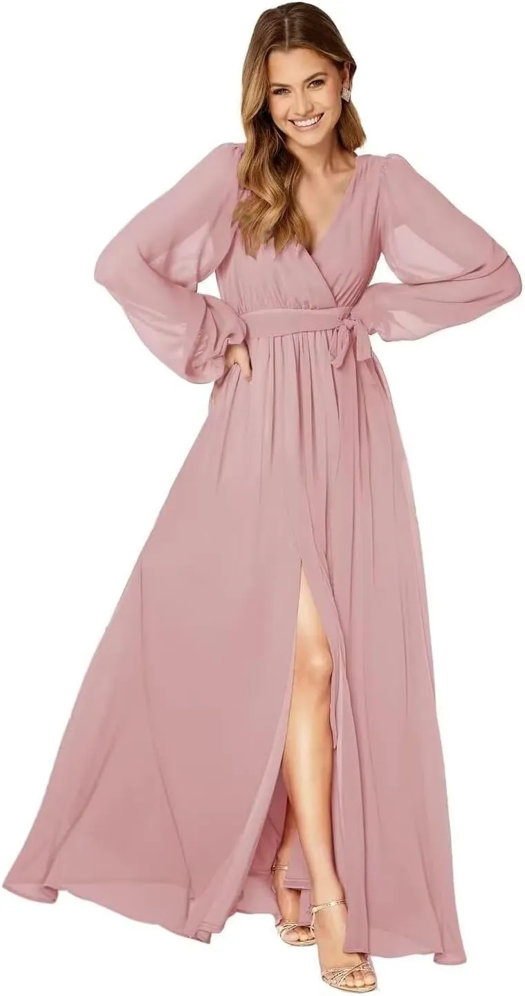Long Sleeve Bridesmaid Dresses for Women Pleated Chiffon Slit Formal Evening Dresses with Pockets