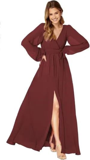 Long Sleeve Bridesmaid Dresses for Women Pleated Chiffon Slit Formal Evening Dresses with Pockets