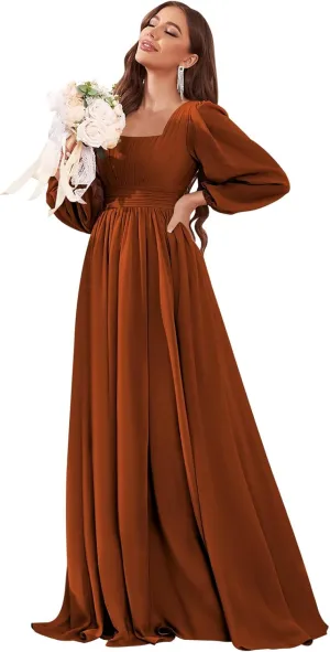 Long Sleeve Bridesmaid Dresses for Women Square Neck Chiffon Ruched Formal Dress with Pockets