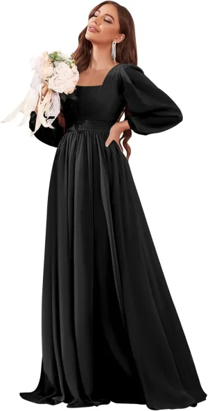 Long Sleeve Bridesmaid Dresses for Women Square Neck Chiffon Ruched Formal Dress with Pockets