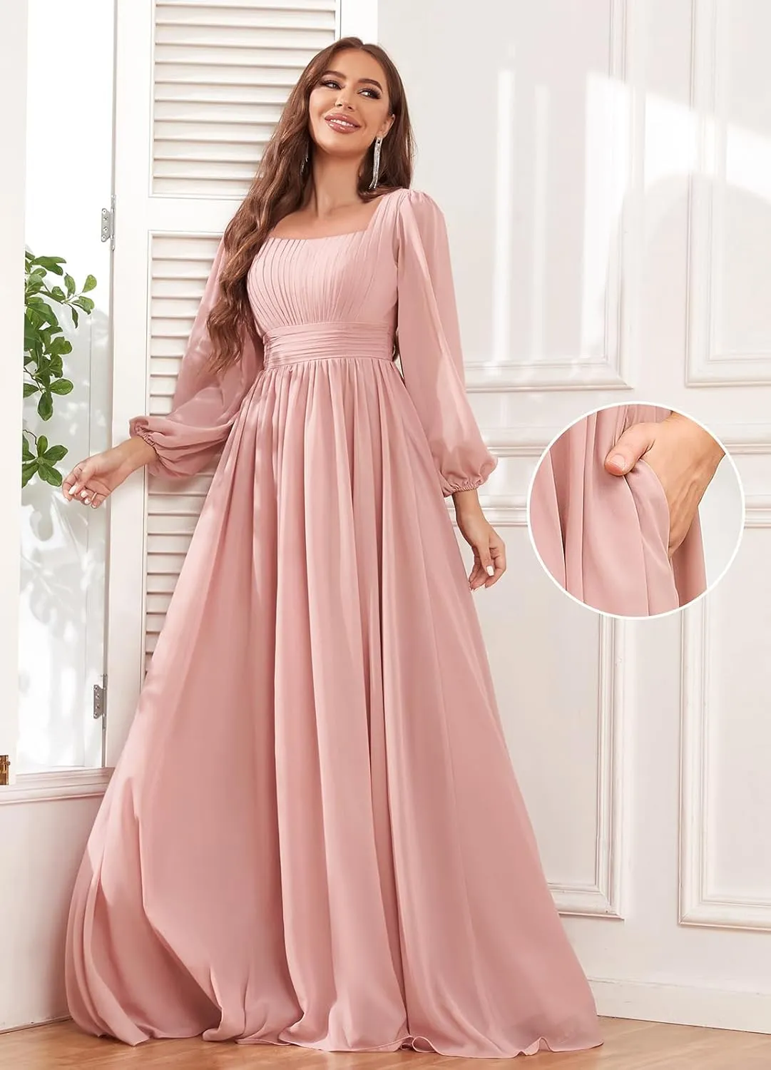 Long Sleeve Bridesmaid Dresses for Women Square Neck Chiffon Ruched Formal Dress with Pockets
