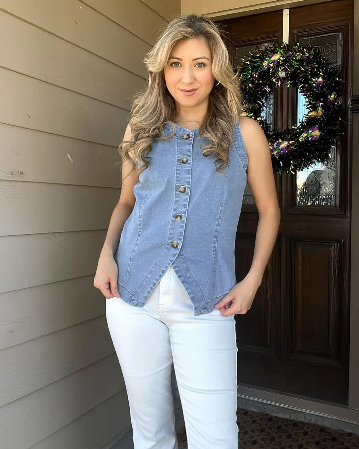 luvamia Denim Vest for Women Sleeveless Strechy Jean Vest Top Button Down Crewneck Casual Summer Western Waistcoat