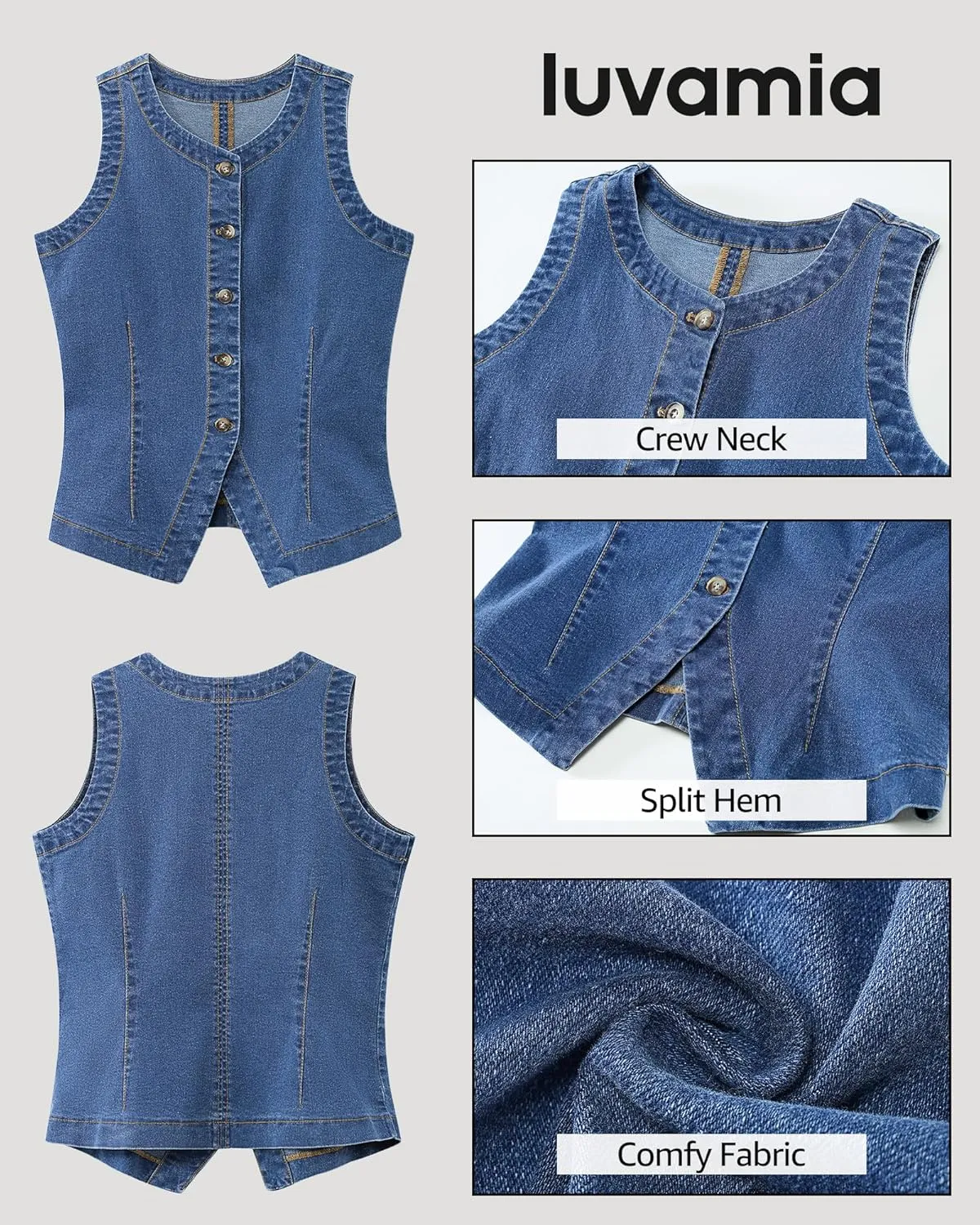 luvamia Denim Vest for Women Sleeveless Strechy Jean Vest Top Button Down Crewneck Casual Summer Western Waistcoat