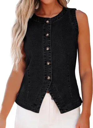 luvamia Denim Vest for Women Sleeveless Strechy Jean Vest Top Button Down Crewneck Casual Summer Western Waistcoat
