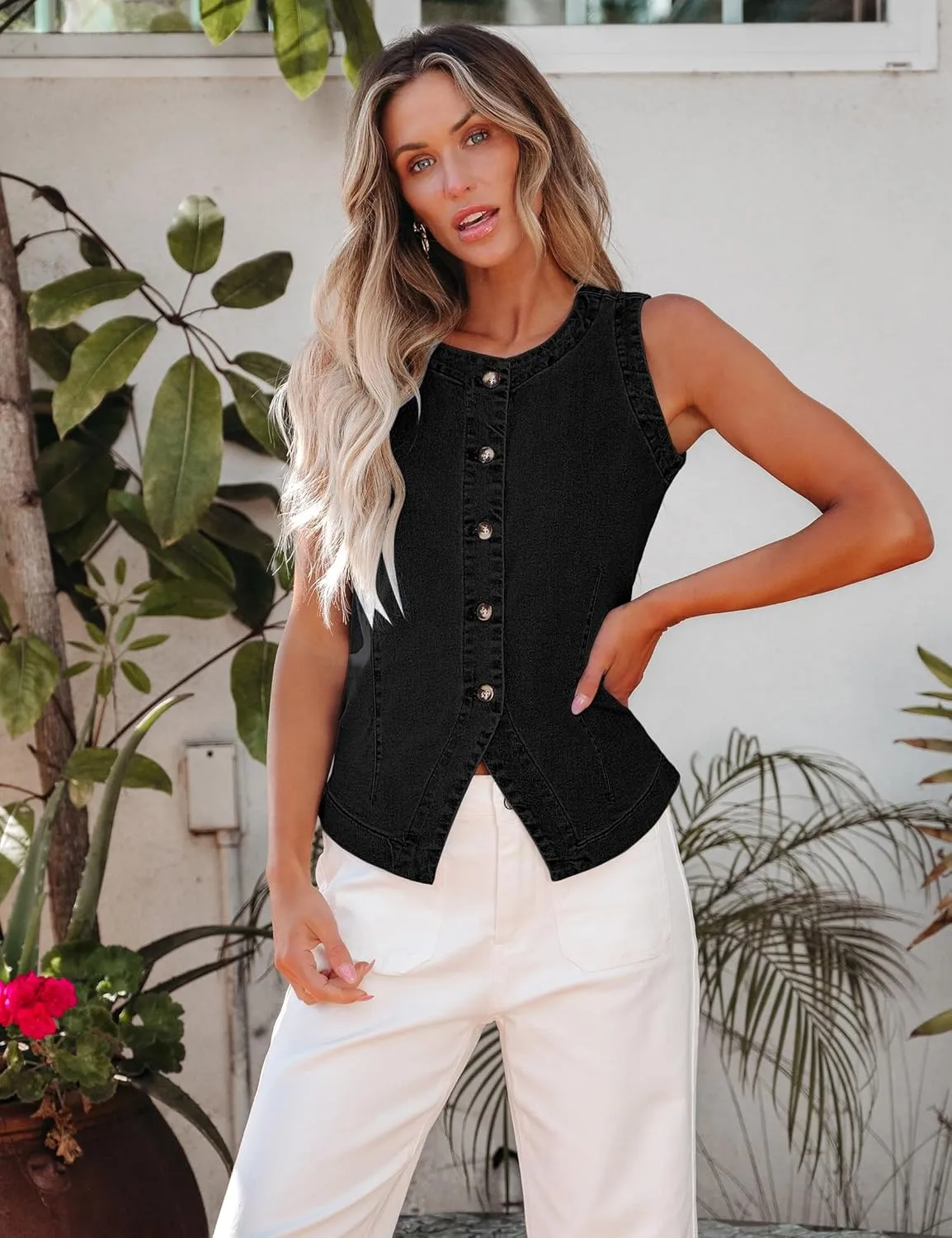 luvamia Denim Vest for Women Sleeveless Strechy Jean Vest Top Button Down Crewneck Casual Summer Western Waistcoat