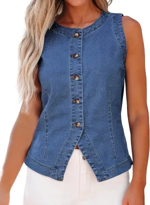luvamia Denim Vest for Women Sleeveless Strechy Jean Vest Top Button Down Crewneck Casual Summer Western Waistcoat