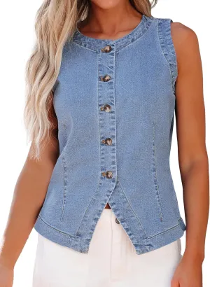 luvamia Denim Vest for Women Sleeveless Strechy Jean Vest Top Button Down Crewneck Casual Summer Western Waistcoat