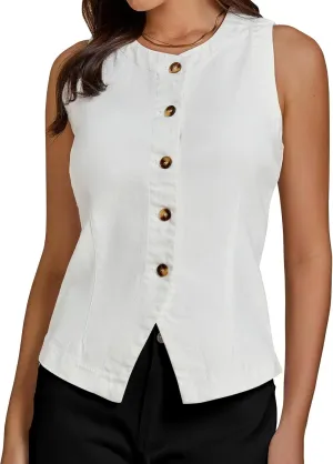 luvamia Denim Vest for Women Sleeveless Strechy Jean Vest Top Button Down Crewneck Casual Summer Western Waistcoat