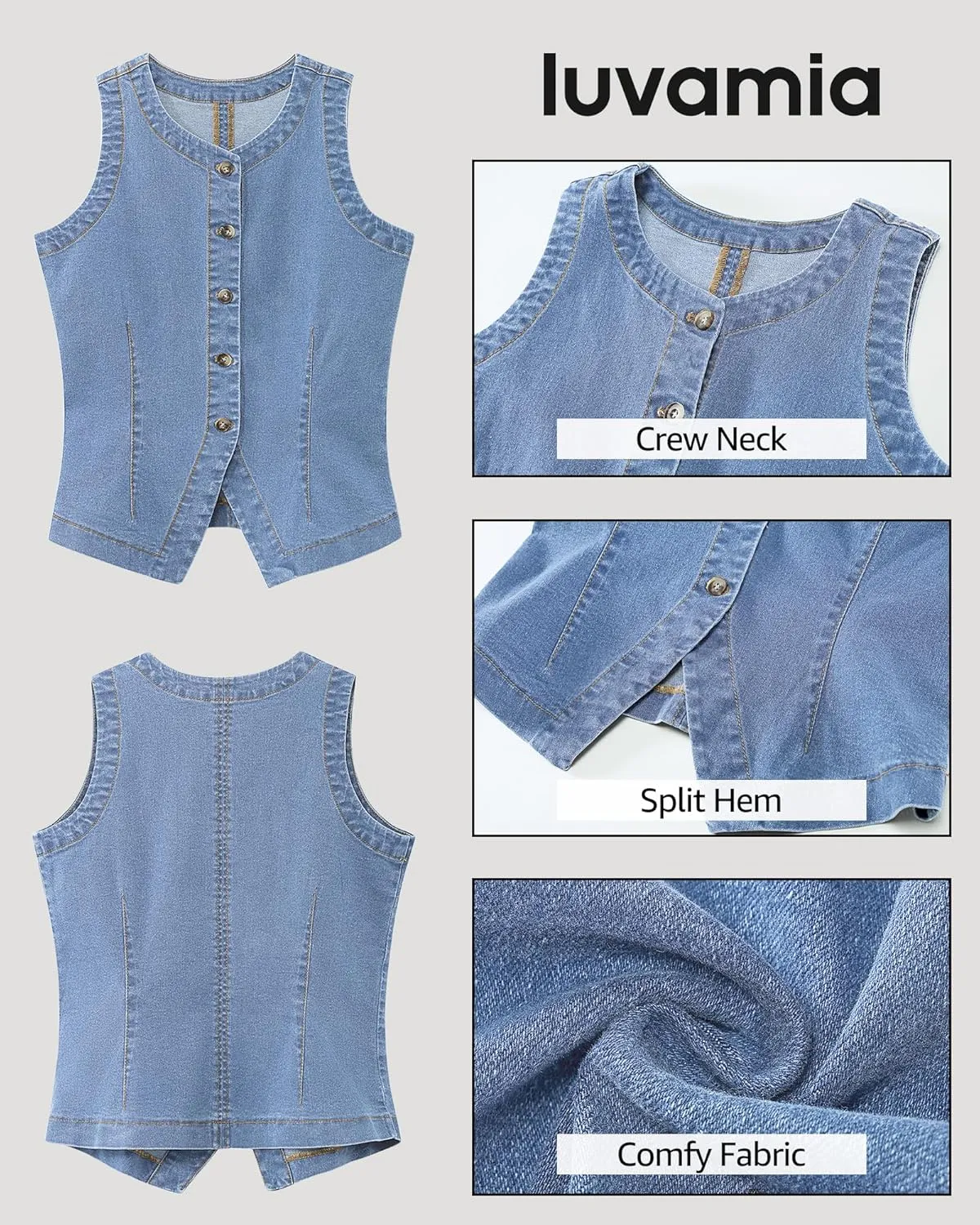 luvamia Denim Vest for Women Sleeveless Strechy Jean Vest Top Button Down Crewneck Casual Summer Western Waistcoat