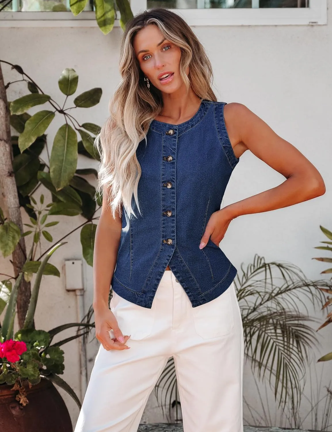 luvamia Denim Vest for Women Sleeveless Strechy Jean Vest Top Button Down Crewneck Casual Summer Western Waistcoat