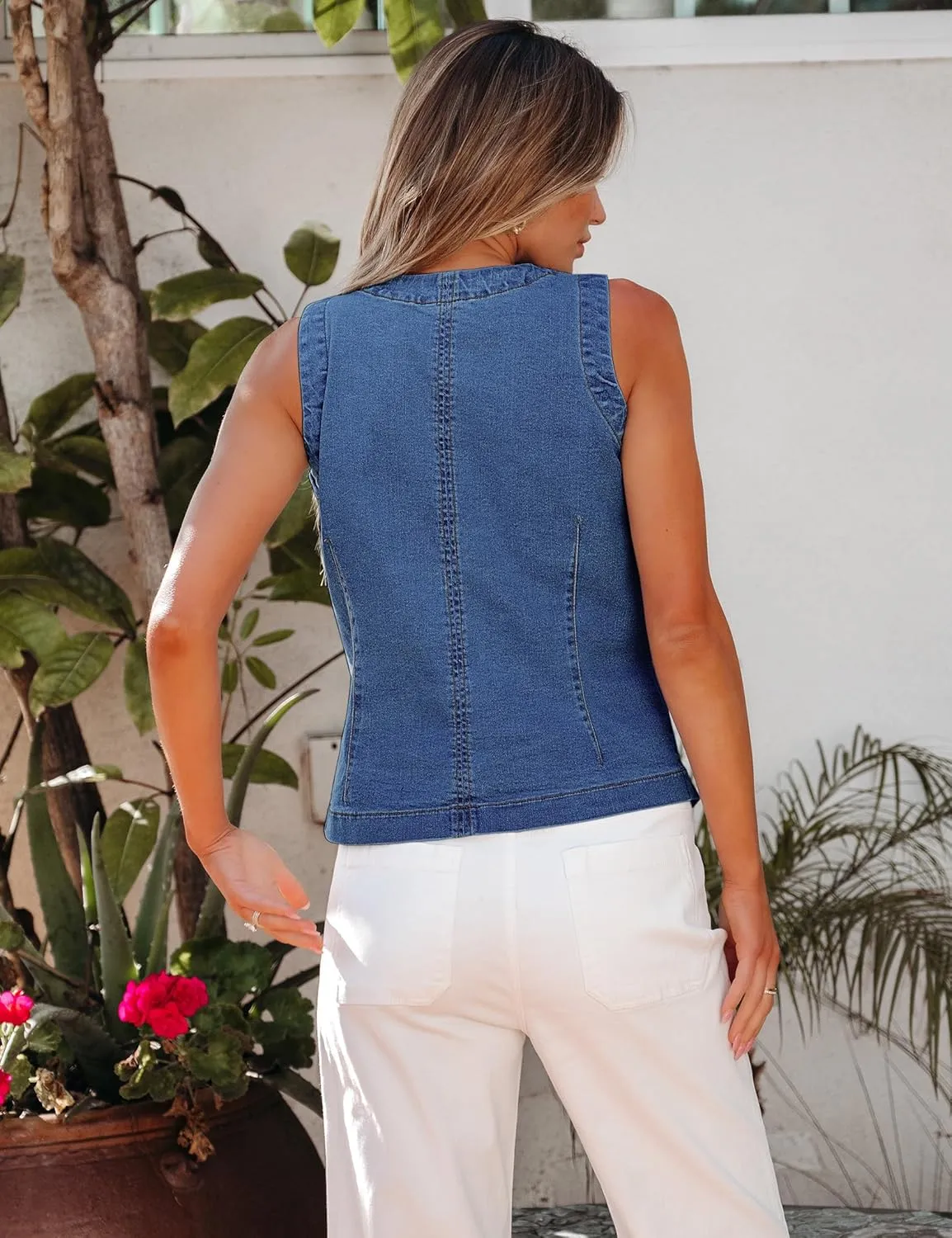 luvamia Denim Vest for Women Sleeveless Strechy Jean Vest Top Button Down Crewneck Casual Summer Western Waistcoat