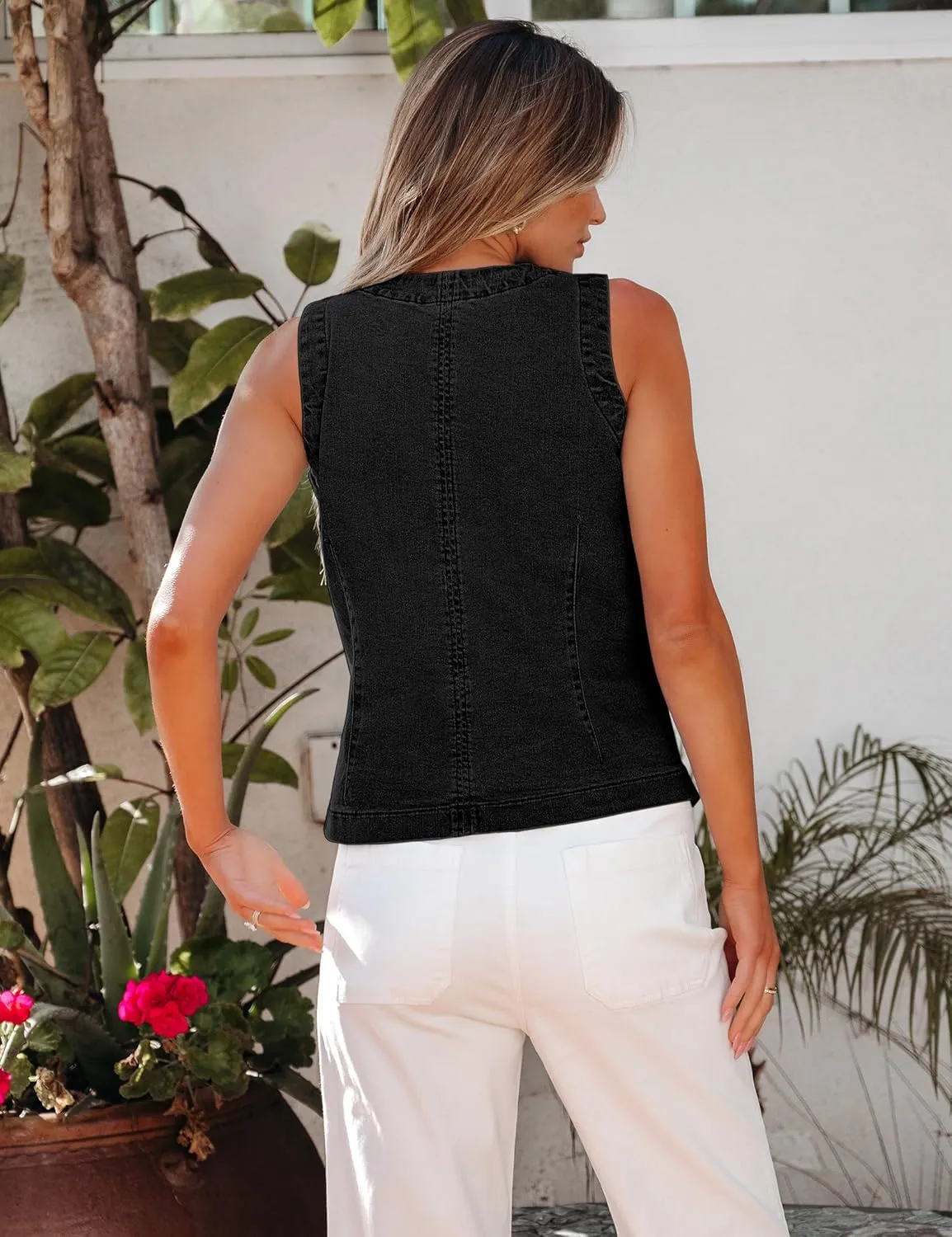 luvamia Denim Vest for Women Sleeveless Strechy Jean Vest Top Button Down Crewneck Casual Summer Western Waistcoat