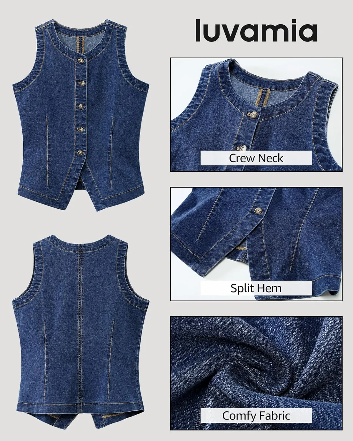 luvamia Denim Vest for Women Sleeveless Strechy Jean Vest Top Button Down Crewneck Casual Summer Western Waistcoat