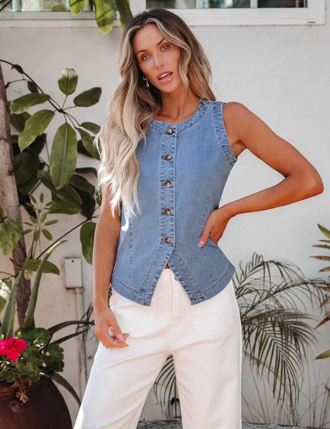 luvamia Denim Vest for Women Sleeveless Strechy Jean Vest Top Button Down Crewneck Casual Summer Western Waistcoat