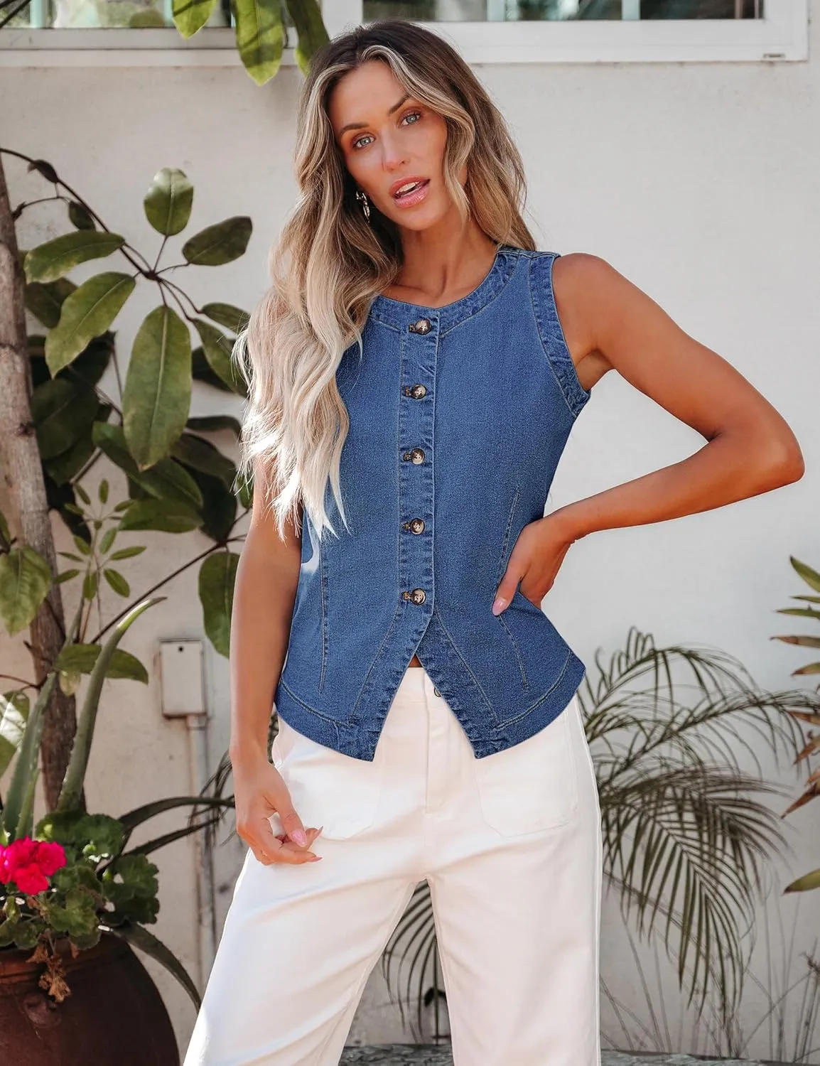 luvamia Denim Vest for Women Sleeveless Strechy Jean Vest Top Button Down Crewneck Casual Summer Western Waistcoat