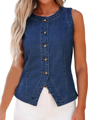 luvamia Denim Vest for Women Sleeveless Strechy Jean Vest Top Button Down Crewneck Casual Summer Western Waistcoat