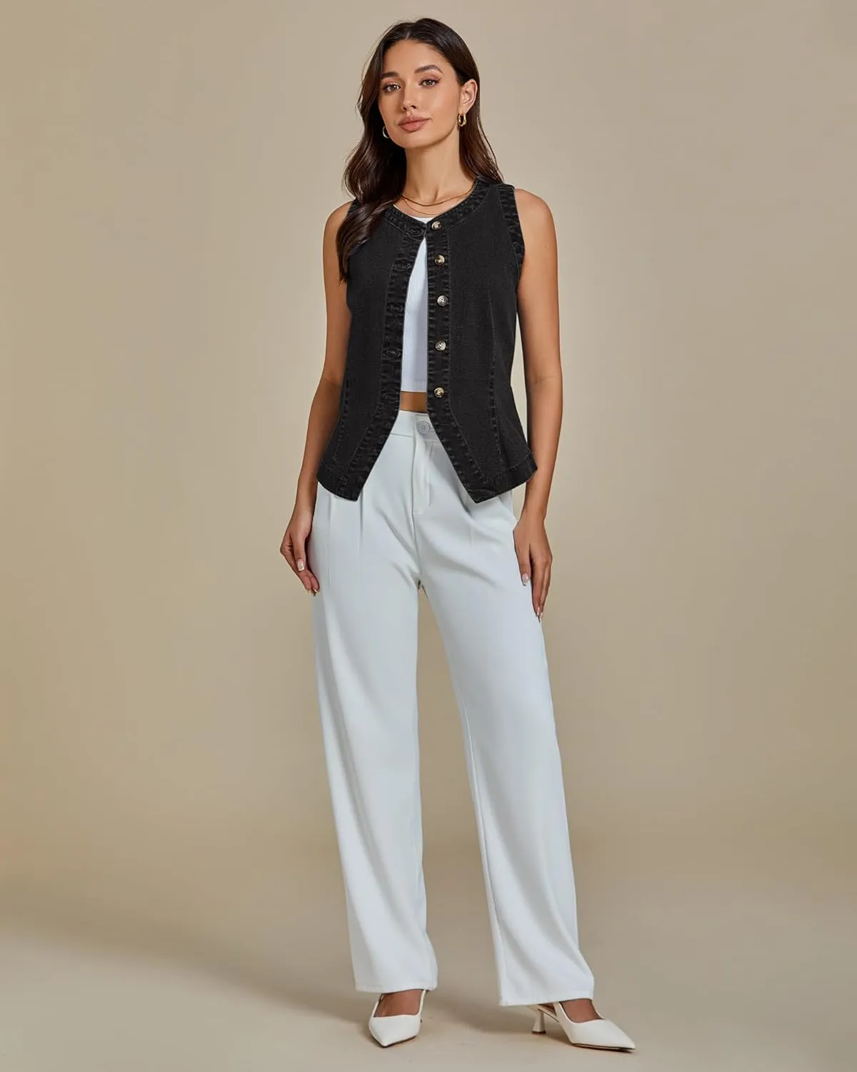 luvamia Denim Vest for Women Sleeveless Strechy Jean Vest Top Button Down Crewneck Casual Summer Western Waistcoat