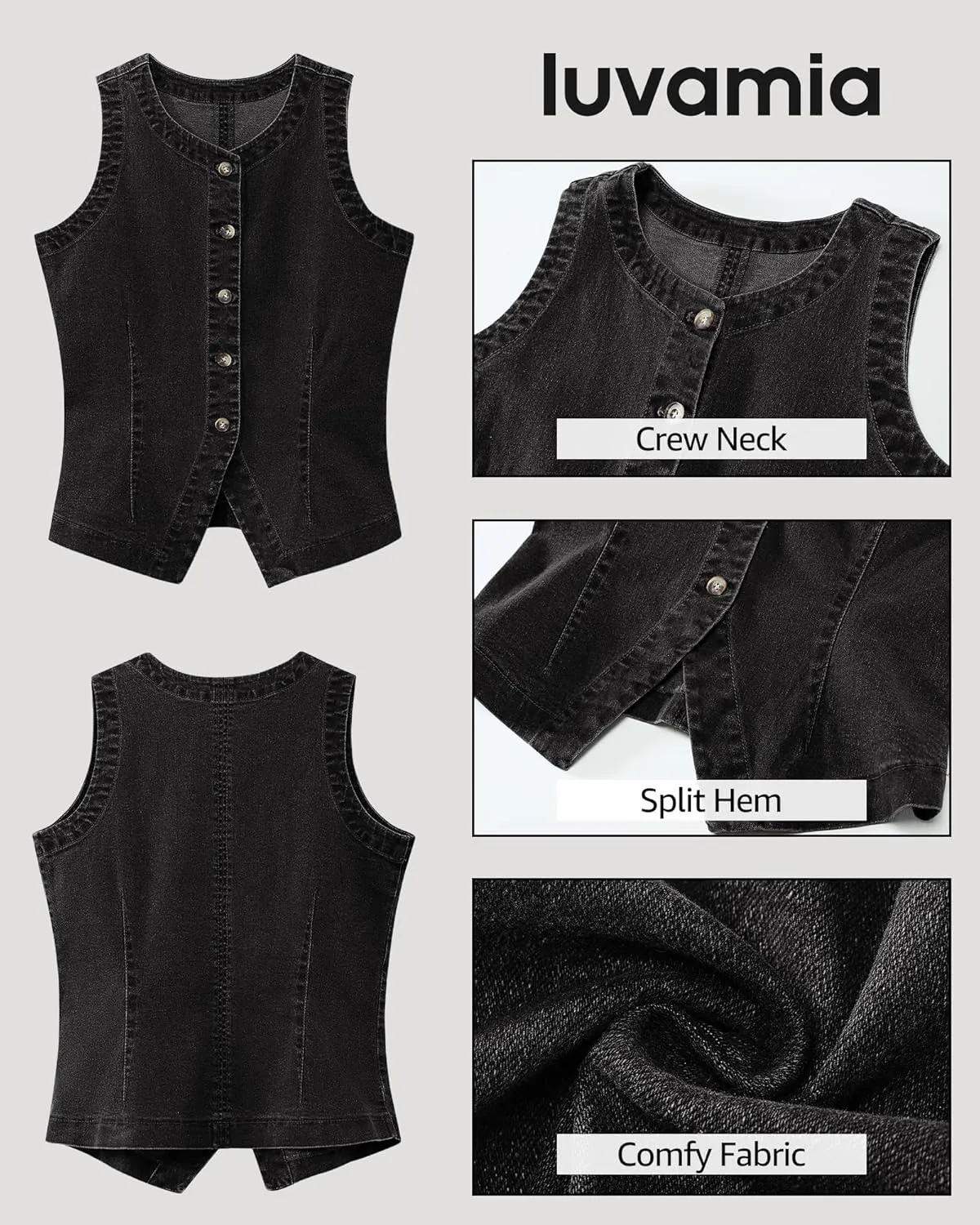 luvamia Denim Vest for Women Sleeveless Strechy Jean Vest Top Button Down Crewneck Casual Summer Western Waistcoat