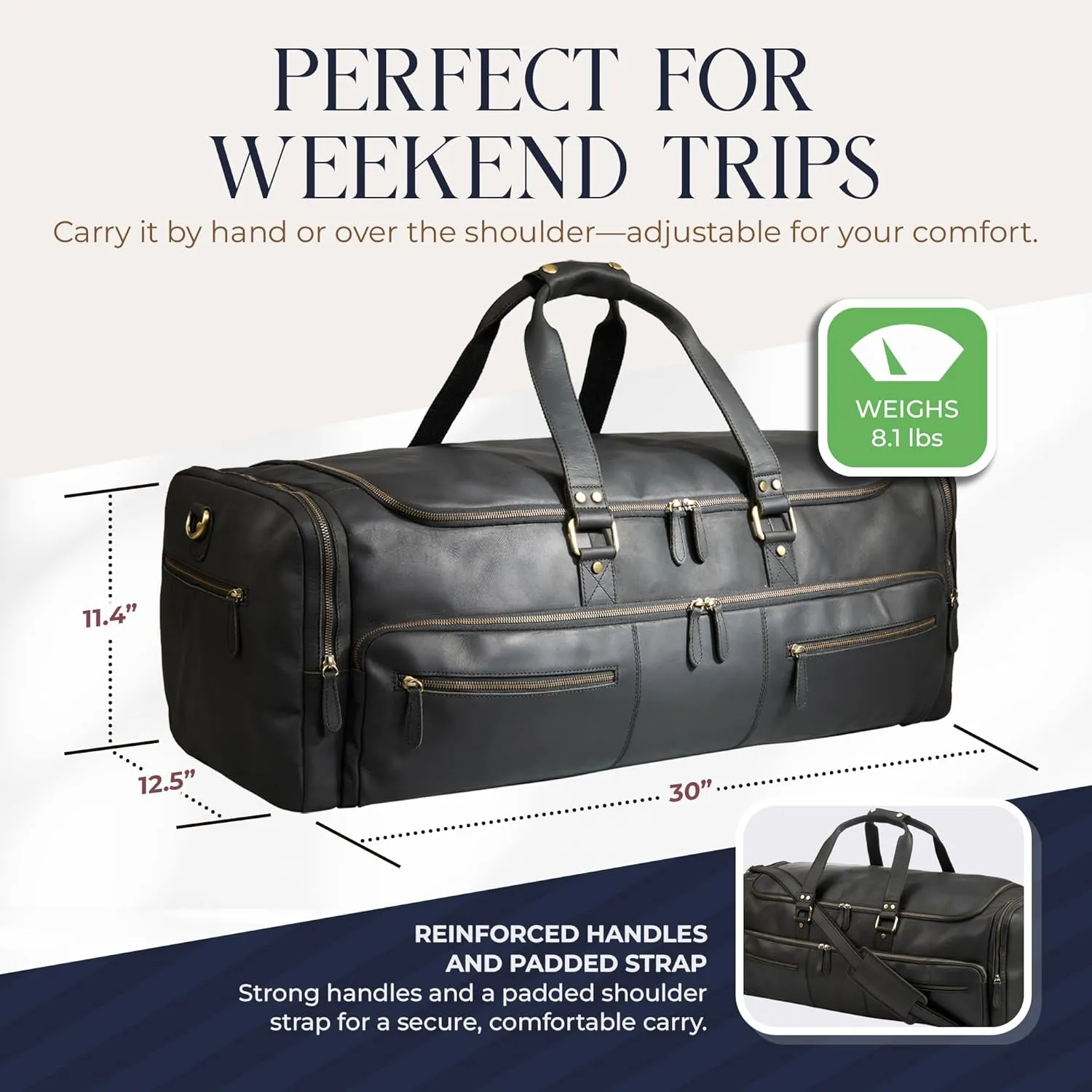 Luxorro Full Grain Leather Duffel Bag for Men - Overnight Travel Bag, Mens Duffle Bag for Traveling, Weekender Bag, 30 Inch Duffel Bag for Outdoor Travel, Black