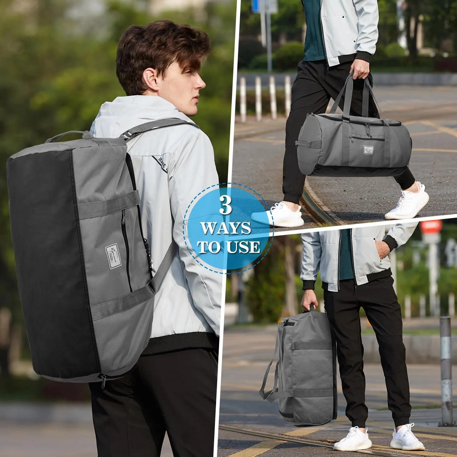 Lyweem Sports Gym Bag Men - Large 60L Travel Duffle Bag with Shoe Compartment Women, Weekender Backpack, Overnight Duffel Bag, Gray