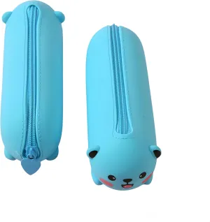 Macaroon Color Silicone Cute Bear/Tiger/Panda/Pig Shaped Cosmetic Bag Large Capacity Travel Stationery Storage Bag Suitable for Teenagers (Blue)