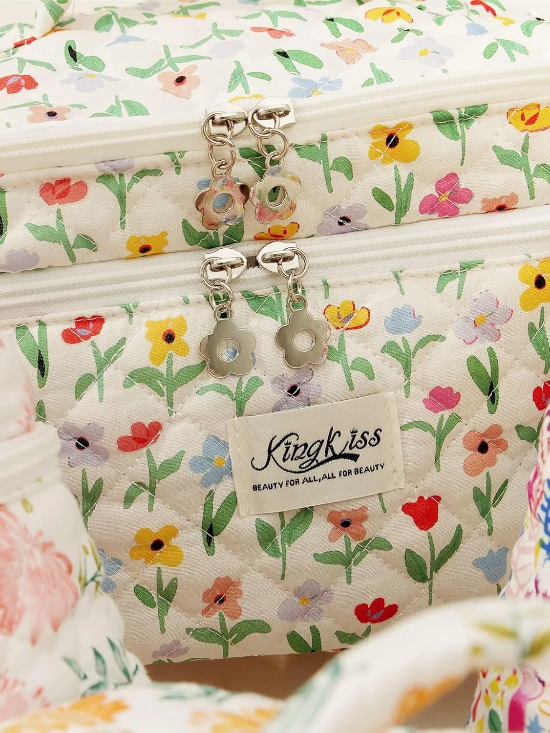 Makeup Bag, Quilted Makeup Bag, Large Floral Cosmetic Bag for Women, Double Layer Coquette Aesthetic Floral Toiletry Organizer Cosmetic Bag, Cotton Floral Travel Toiletry Bag. (Green)