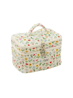 Makeup Bag, Quilted Makeup Bag, Large Floral Cosmetic Bag for Women, Double Layer Coquette Aesthetic Floral Toiletry Organizer Cosmetic Bag, Cotton Floral Travel Toiletry Bag. (Green)