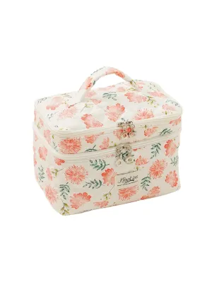 Makeup Bag, Quilted Makeup Bag, Large Floral Cosmetic Bag for Women, Double Layer Coquette Aesthetic Floral Toiletry Organizer Cosmetic Bag, Cotton Floral Travel Toiletry Bag. (Pink)