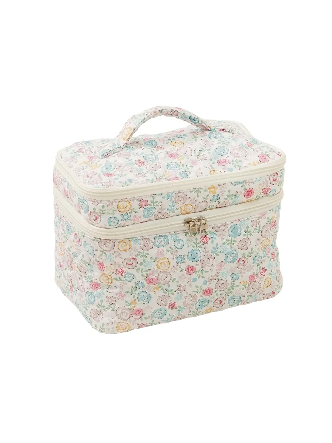 Makeup Bag, Quilted Makeup Bag, Large Floral Cosmetic Bag for Women, Double Layer Coquette Aesthetic Floral Toiletry Organizer Cosmetic Bag, Cotton Floral Travel Toiletry Bag. (White)