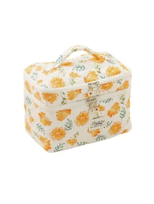 Makeup Bag, Quilted Makeup Bag, Large Floral Cosmetic Bag for Women, Double Layer Coquette Aesthetic Floral Toiletry Organizer Cosmetic Bag, Cotton Floral Travel Toiletry Bag. (Yellow)