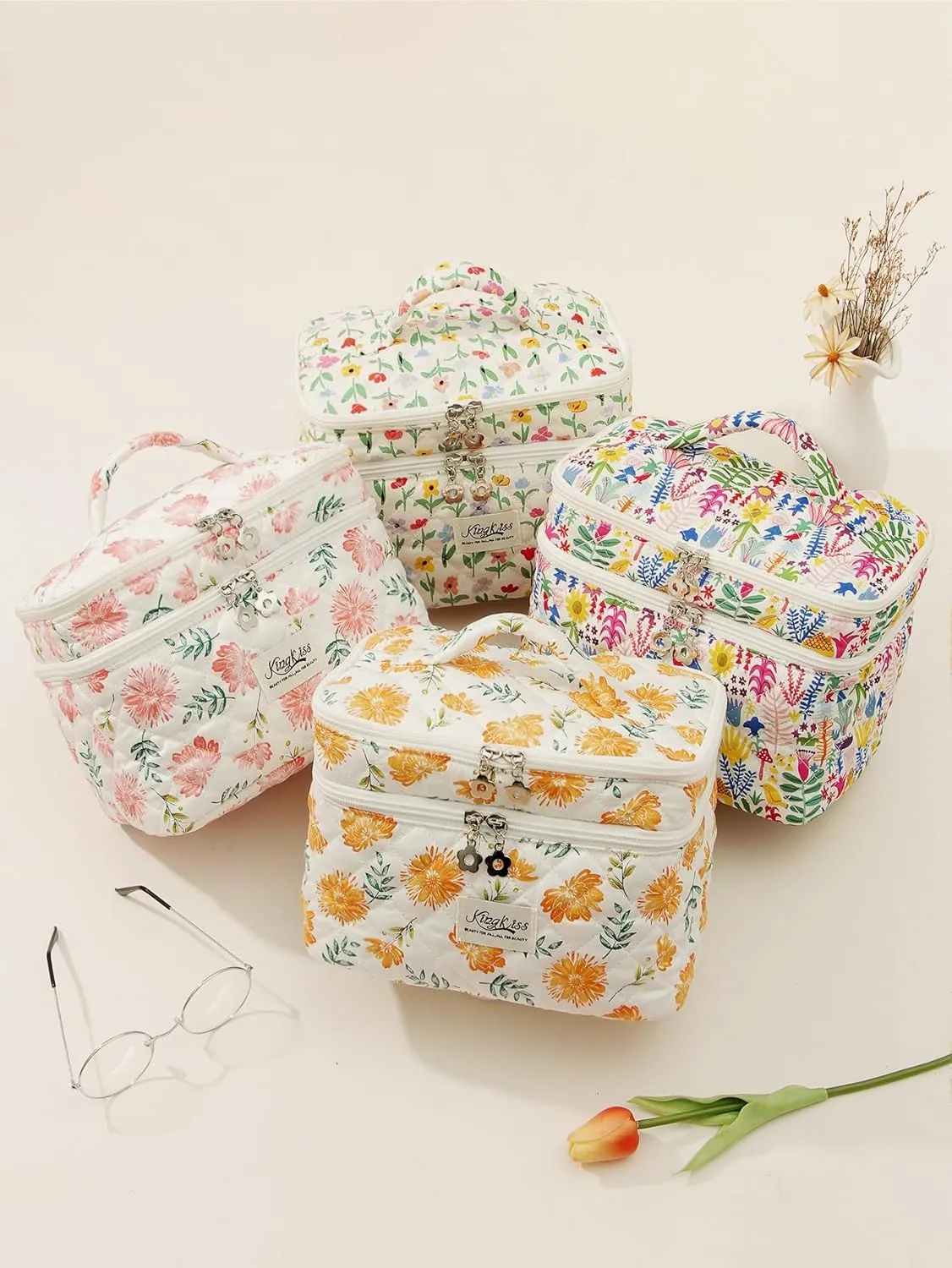 Makeup Bag, Quilted Makeup Bag, Large Floral Cosmetic Bag for Women, Double Layer Coquette Aesthetic Floral Toiletry Organizer Cosmetic Bag, Cotton Floral Travel Toiletry Bag. (Yellow)