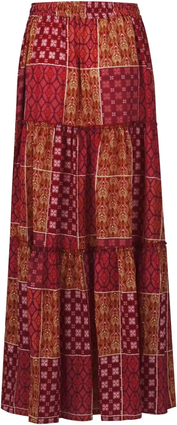 Maxi Boho Skirts for Women 2025 Drawstring High Waisted Tiered Flowy Long Skirt Casual Bohemian A-Line Beach Skirt