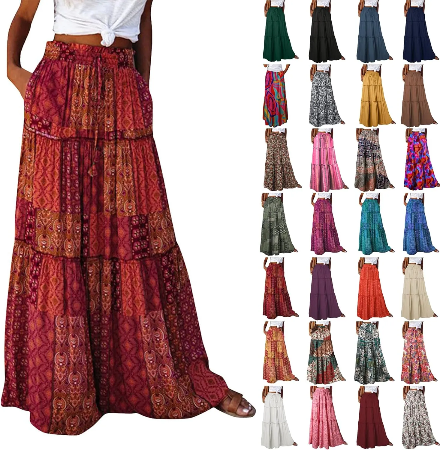 Maxi Boho Skirts for Women 2025 Drawstring High Waisted Tiered Flowy Long Skirt Casual Bohemian A-Line Beach Skirt