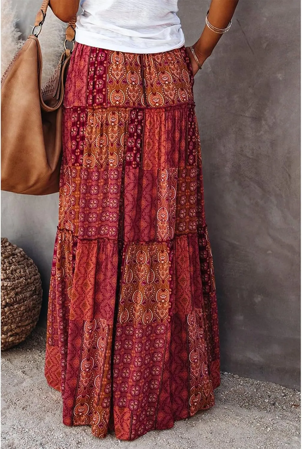 Maxi Boho Skirts for Women 2025 Drawstring High Waisted Tiered Flowy Long Skirt Casual Bohemian A-Line Beach Skirt