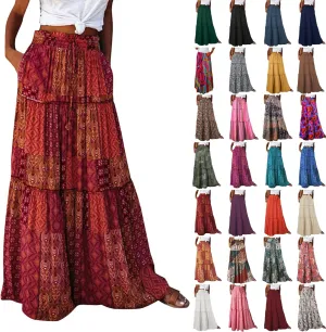 Maxi Boho Skirts for Women 2025 Drawstring High Waisted Tiered Flowy Long Skirt Casual Bohemian A-Line Beach Skirt