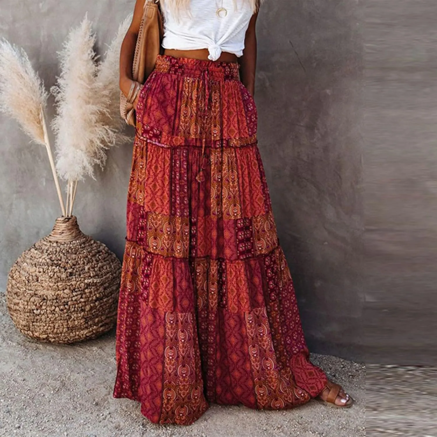 Maxi Boho Skirts for Women 2025 Drawstring High Waisted Tiered Flowy Long Skirt Casual Bohemian A-Line Beach Skirt