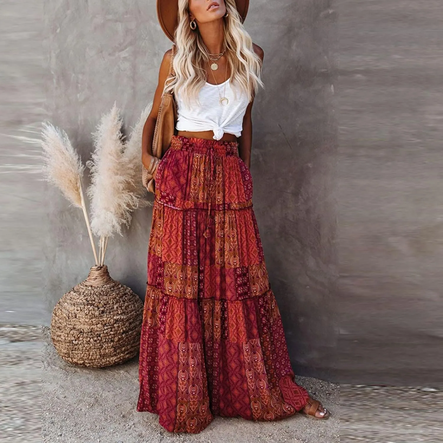 Maxi Boho Skirts for Women 2025 Drawstring High Waisted Tiered Flowy Long Skirt Casual Bohemian A-Line Beach Skirt
